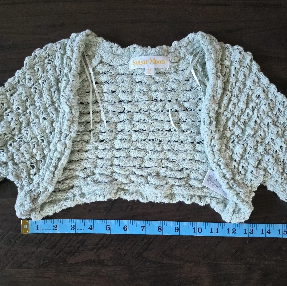 Sugar Moon Sage Green Open Stitch Crochet Bolero Shrug - XS